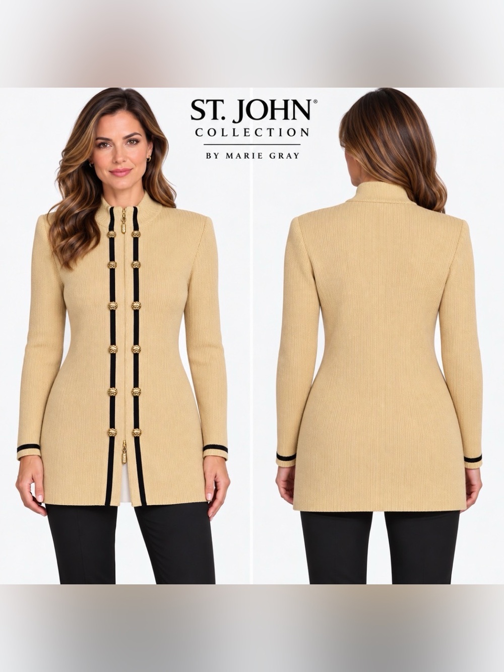 Vintage St John Collection Marie Gray Golden Tan Knit Cardigan Black Trim Sz 4